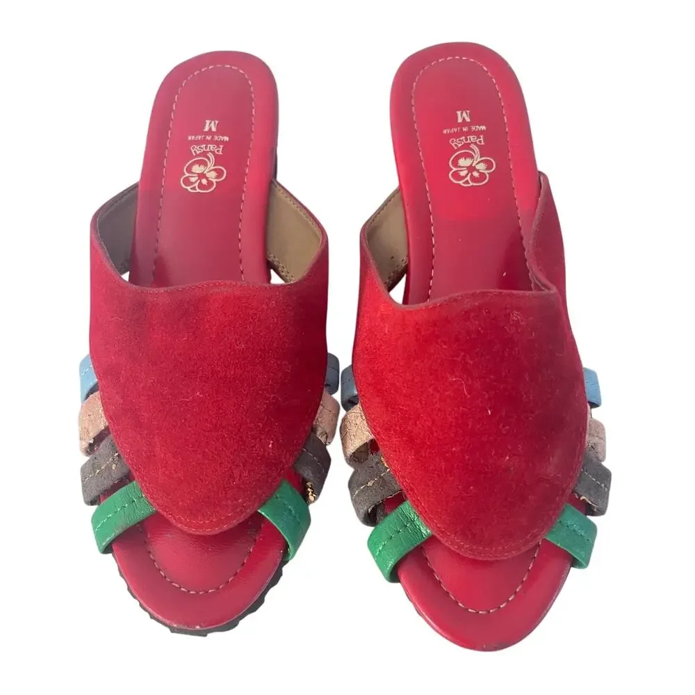 Pansy Red Suede Slides Sandals - Made in Japan - Size: M